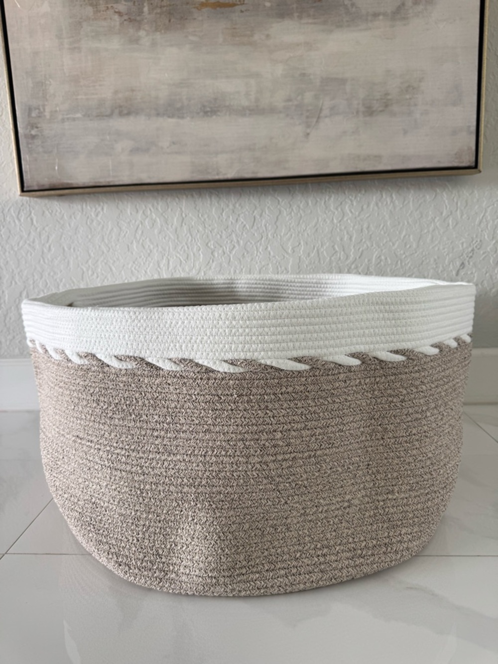 Toy Laundry Storage Basket Foldable Two-Tone Rope White Taupe New